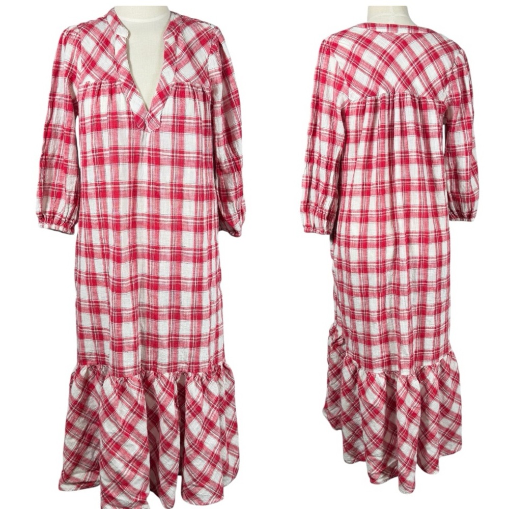 dRA ANTHROPOLOGIE Plaid Midi Hi-Lo Prairie Dress 3/4 Sleeve Ruffle Hem Small